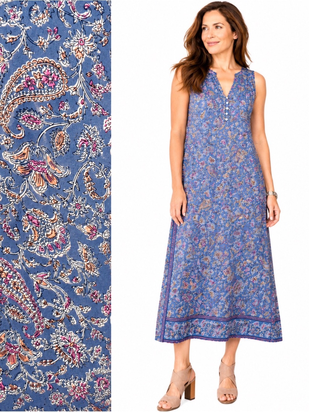 J. Jill, NWT Border Print Maxi Sleeveless Blue Floral Dress, Size M